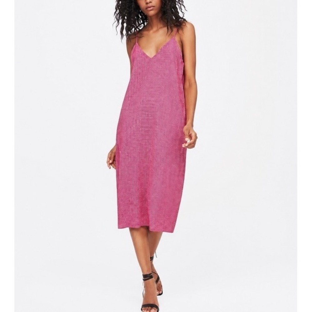 Zara Midi Slip Dress Sz L Pink Gingham Textured Stretch A-Line V-Neck Y2K Resort